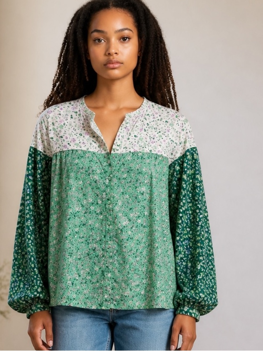 Zara Floral Colorblock Peasant Blouse Green Mix Long Sleeve Size XL